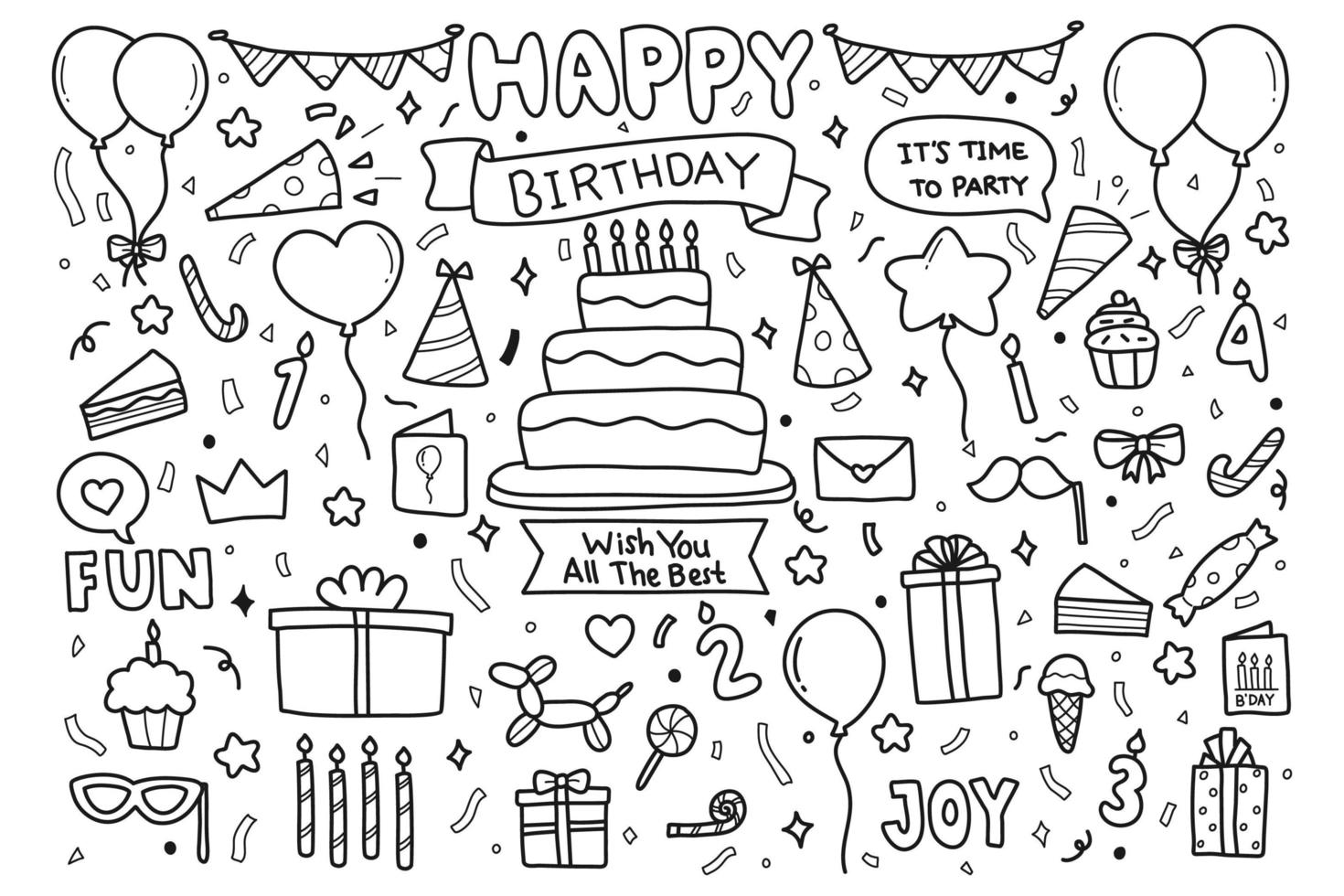 Éléments de doodle de joyeux anniversaire dessinés à la main vecteur