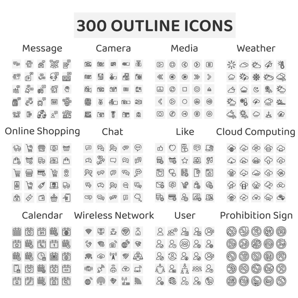 ensemble de 300 icônes de contour caméra, météo et plus vecteur