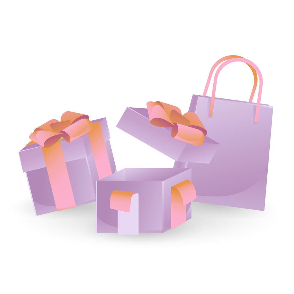 coffrets cadeaux violets avec des arcs. sac cadeau. illustration d'emballage cadeau. isolé sur fond blanc. vecteur