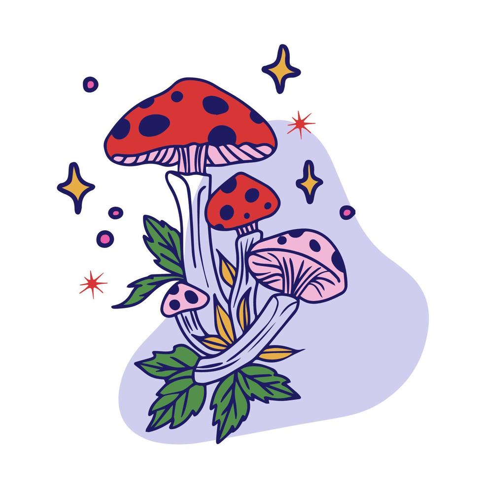 champignon magique, champignon avec plantes et étoiles, dessin de contour vecteur