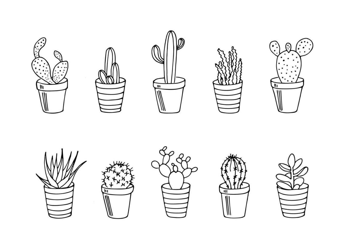ensemble de cactus dessinés à la main dans les pots. illustration vectorielle plantes d'intérieur en noir et blanc. vecteur