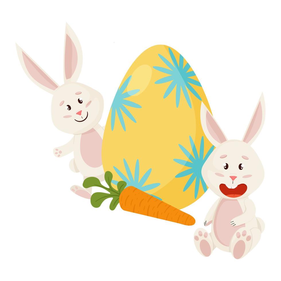personnage de lapins. sort des œufs, de la carotte. lapins de Pâques drôles et joyeux. vecteur