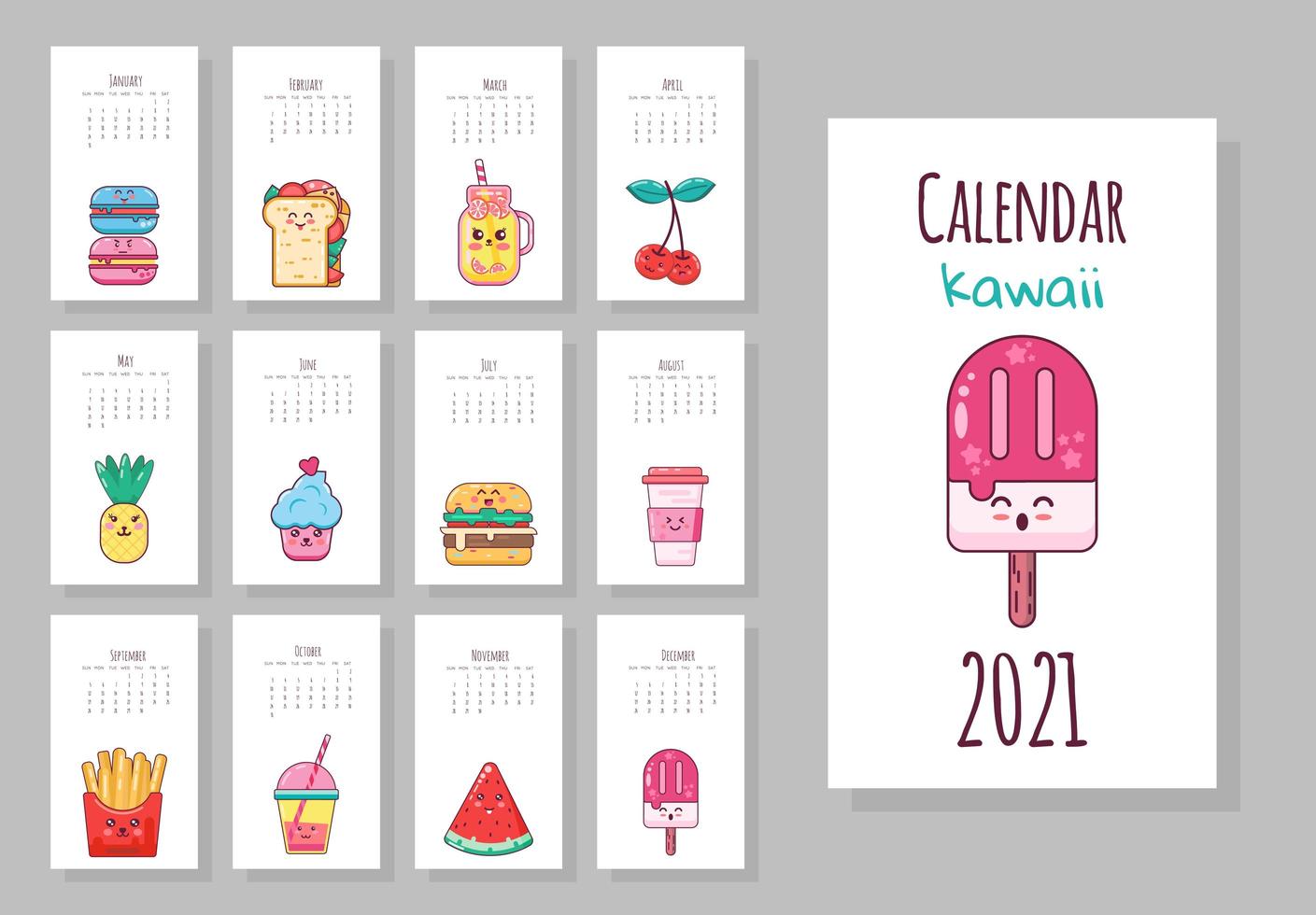 joli calendrier mensuel avec des objets alimentaires kawaii vecteur