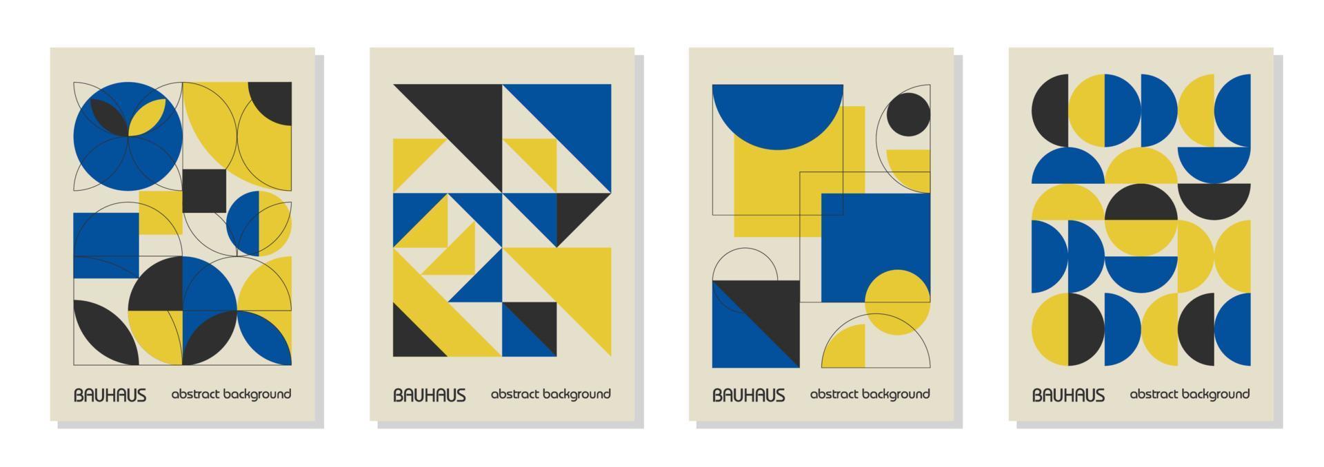 ensemble de 4 affiches de conception géométrique vintage minimales des années 20, art mural, modèle, mise en page avec des éléments de formes primitives. arrière-plan vectoriel à motif rétro bauhaus, couleurs du drapeau ukrainien bleu, jaune et noir
