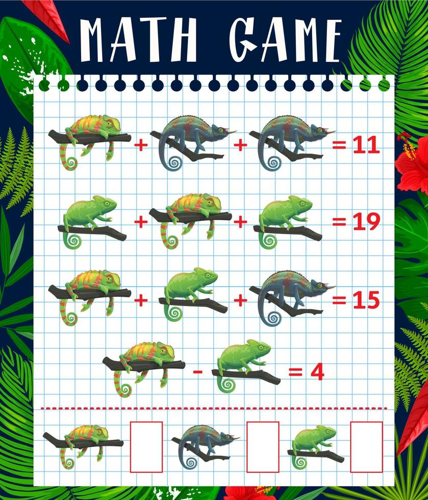 feuille de calcul de jeu de mathématiques caméléons tropicaux de dessin animé vecteur