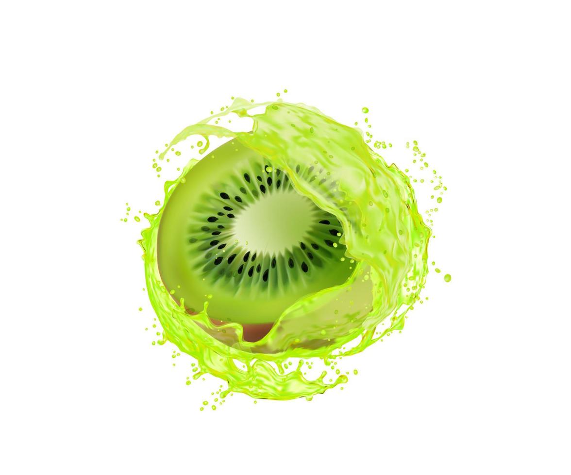 tranche de kiwi avec tourbillon de jus de fruits frais vecteur