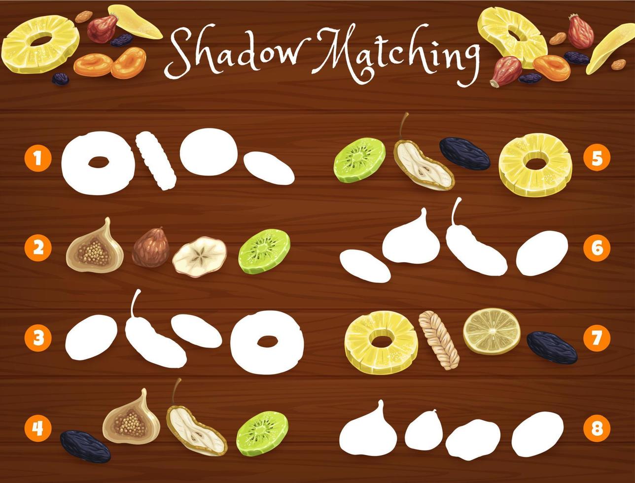 feuille de calcul de jeu d'association d'ombre avec des fruits secs vecteur