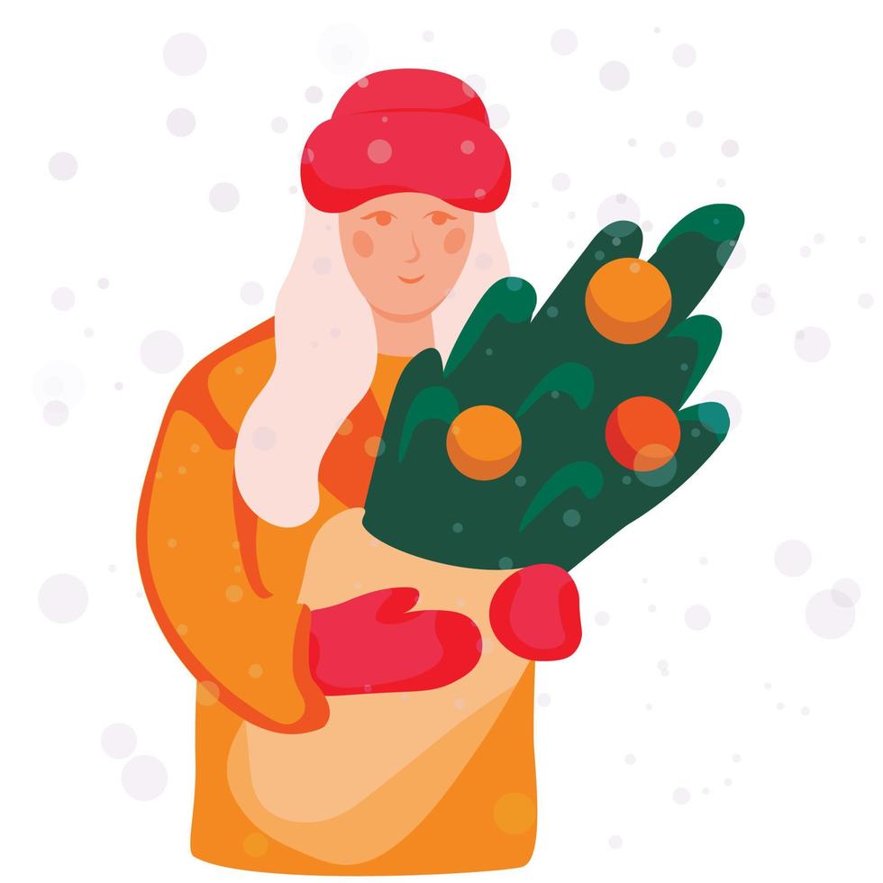 la jeune fille tient des branches d'arbres de noël dans ses mains. carte du nouvel an. la neige est en train de tomber. manteau de fourrure orange, mitaines. adolescent. dehors en hiver. illustration vectorielle. vecteur