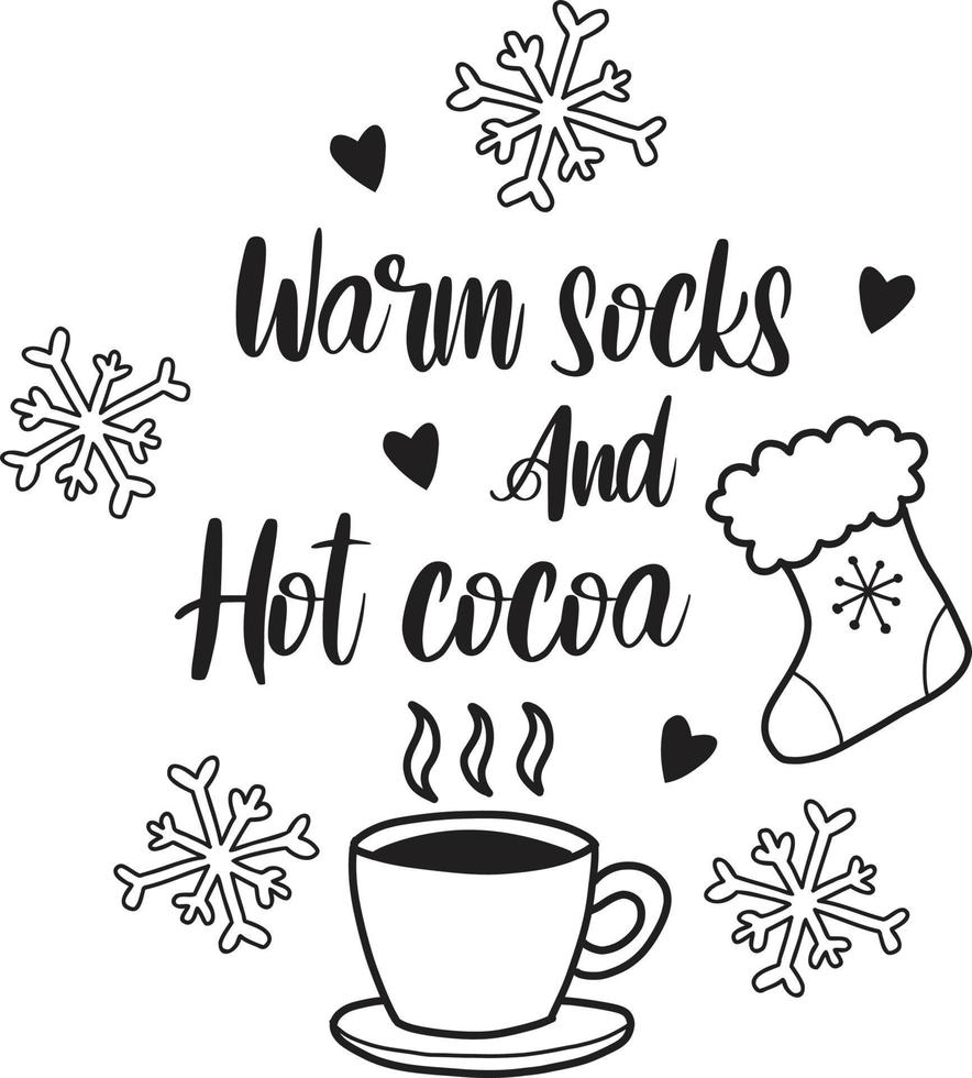 chaussettes chaudes et lettrage de cacao chaud et illustration de citation vecteur