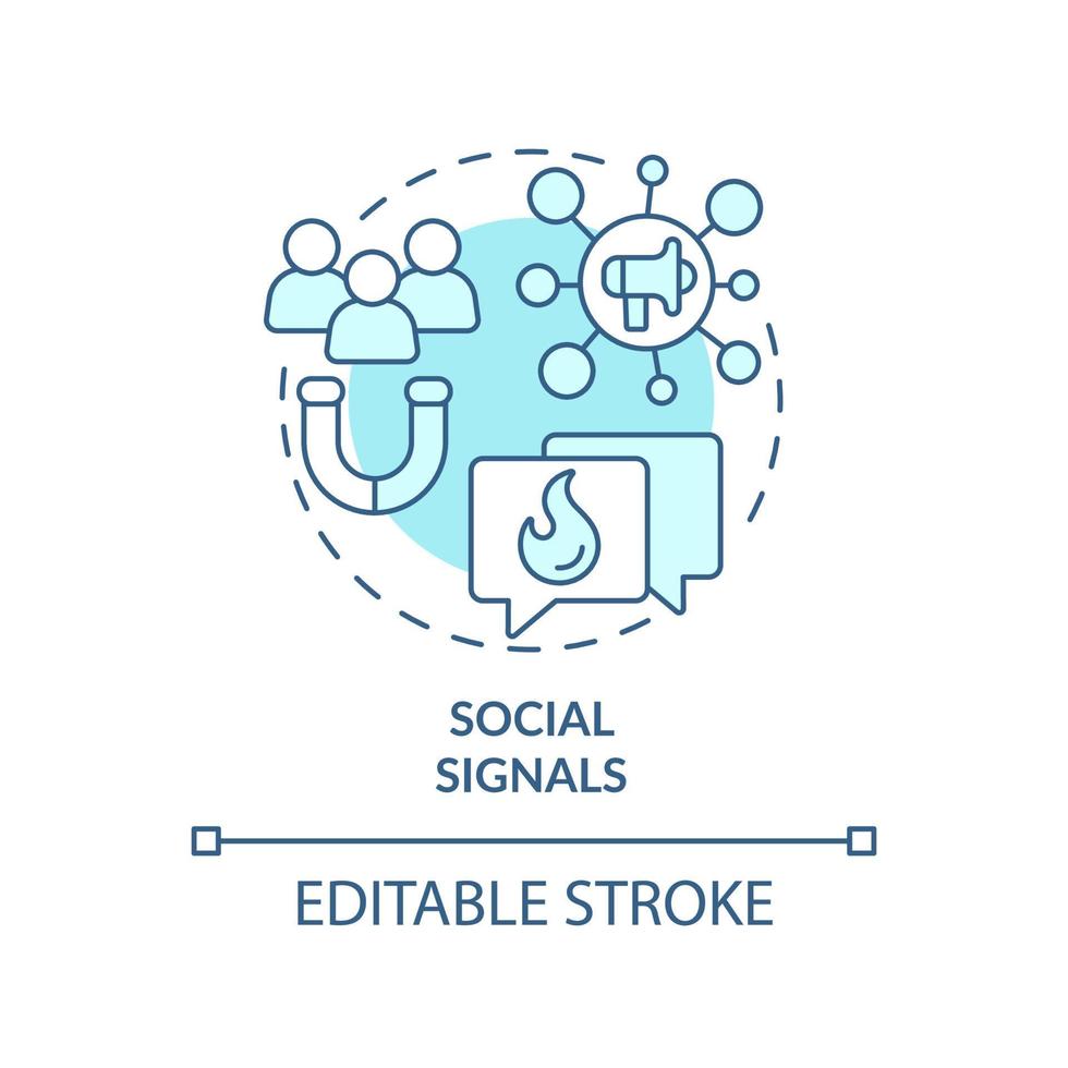 icône de concept turquoise de signaux sociaux. partages sur les réseaux sociaux. illustration de la ligne mince de l'idée abstraite du facteur de classement seo. dessin de contour isolé. trait modifiable. vecteur