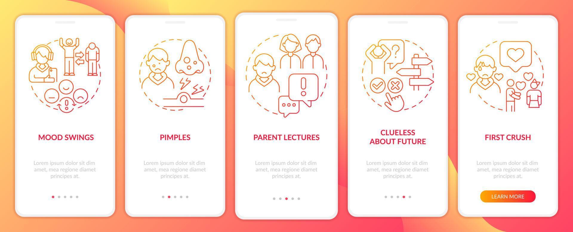 principales préoccupations auxquelles sont confrontés les adolescents à l'écran de l'application mobile d'intégration à gradient rouge. instructions graphiques en 5 étapes avec des concepts linéaires. ui, ux, modèle d'interface graphique. vecteur