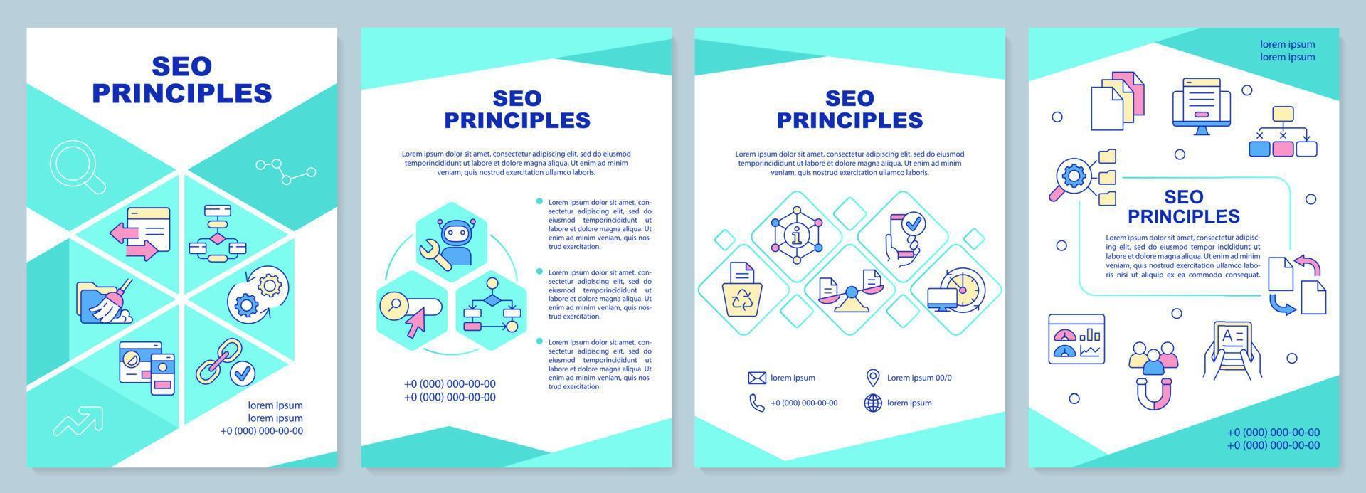 modèle de brochure sur les principes d'optimisation des moteurs de recherche. conception de dépliant avec des icônes linéaires. 4 mises en page vectorielles modifiables pour la présentation, les rapports annuels. vecteur