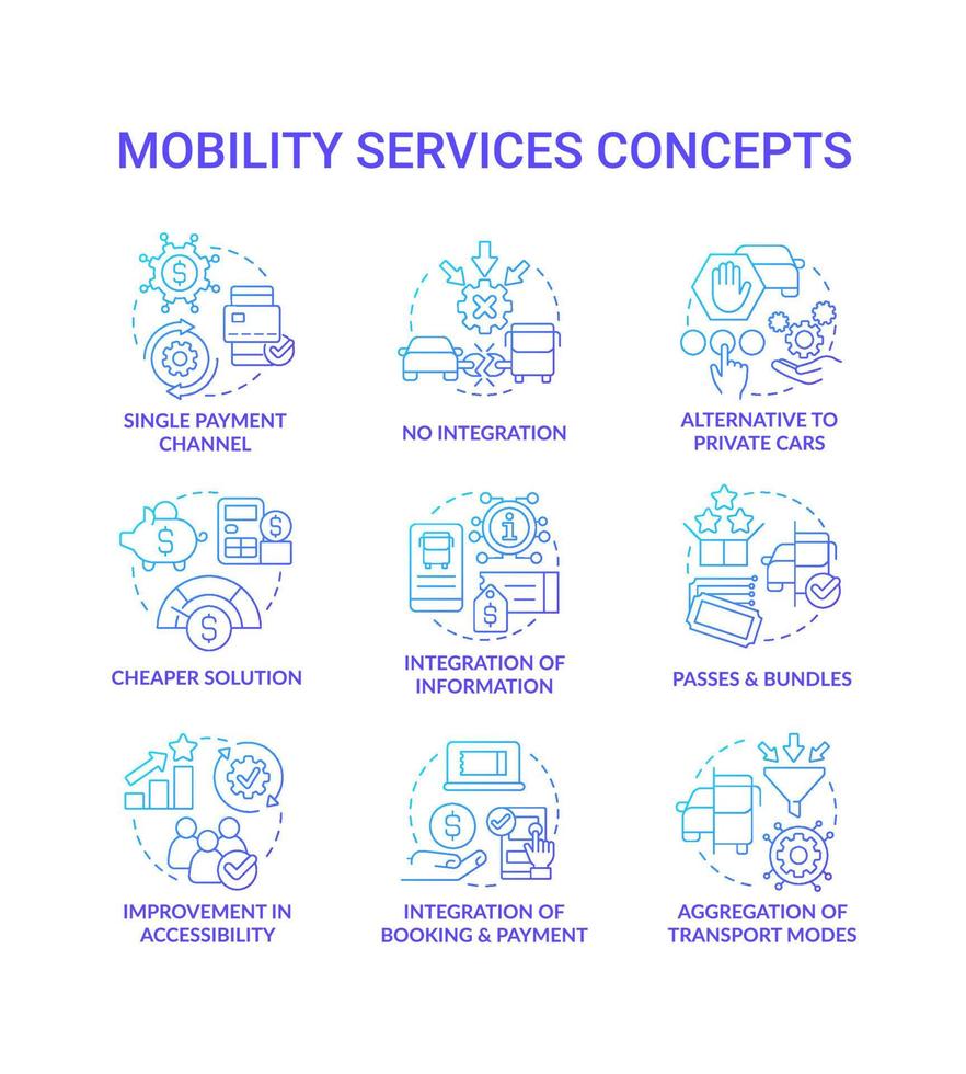 ensemble d'icônes de concept de gradient bleu de mobilité en tant que service. infrastructures urbaines. Services de transport. maas idée illustrations en couleur de ligne mince. symboles isolés. vecteur
