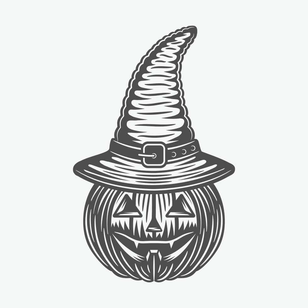 citrouille d'halloween vintage dans un grand chapeau de sorcière de style rétro. art graphique monochrome. illustration vectorielle. vecteur