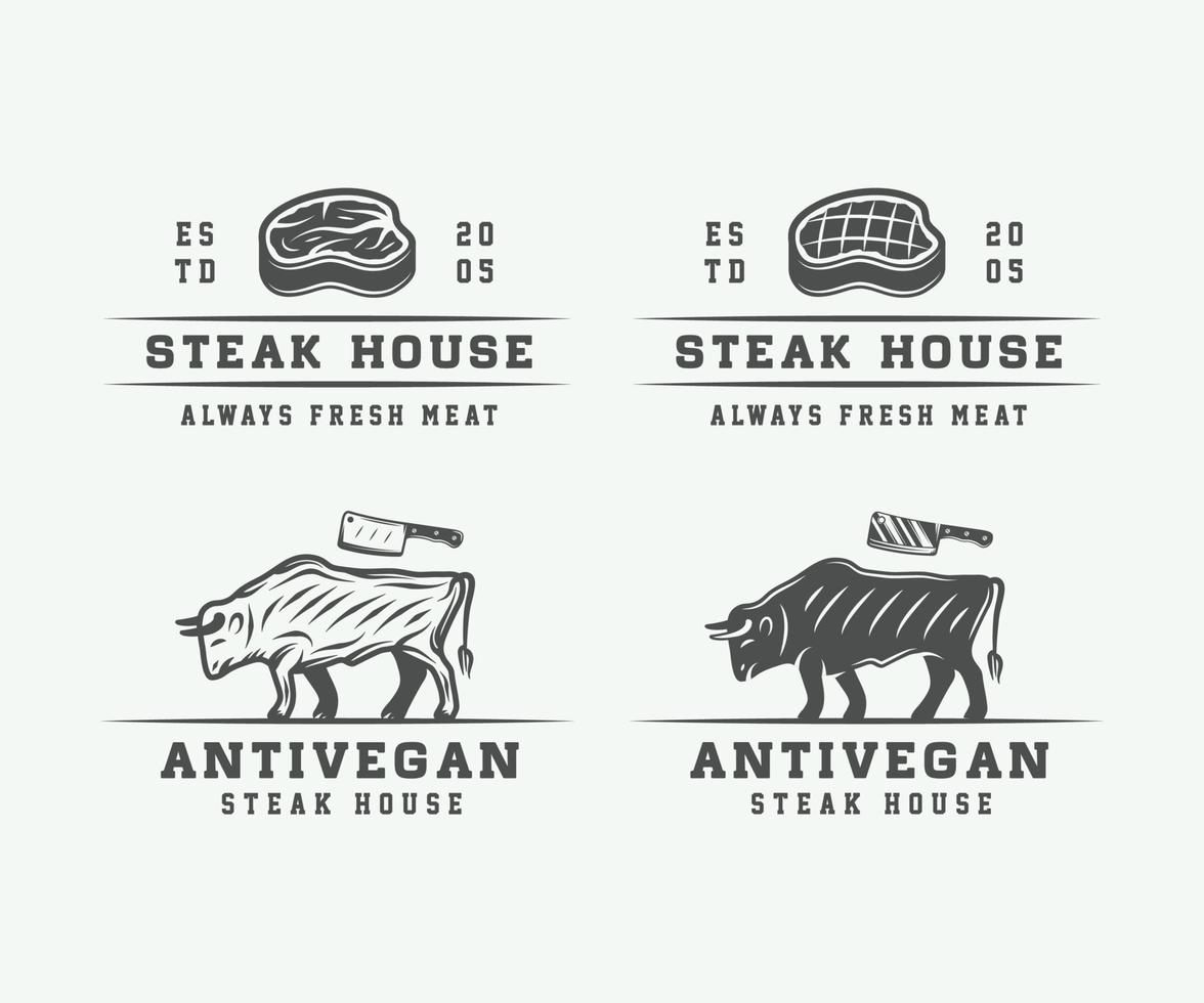 ensemble de logos, emblèmes, badges, étiquettes de viande de boucherie vintage, de steak ou de barbecue. art graphique monochrome. illustration vectorielle. vecteur