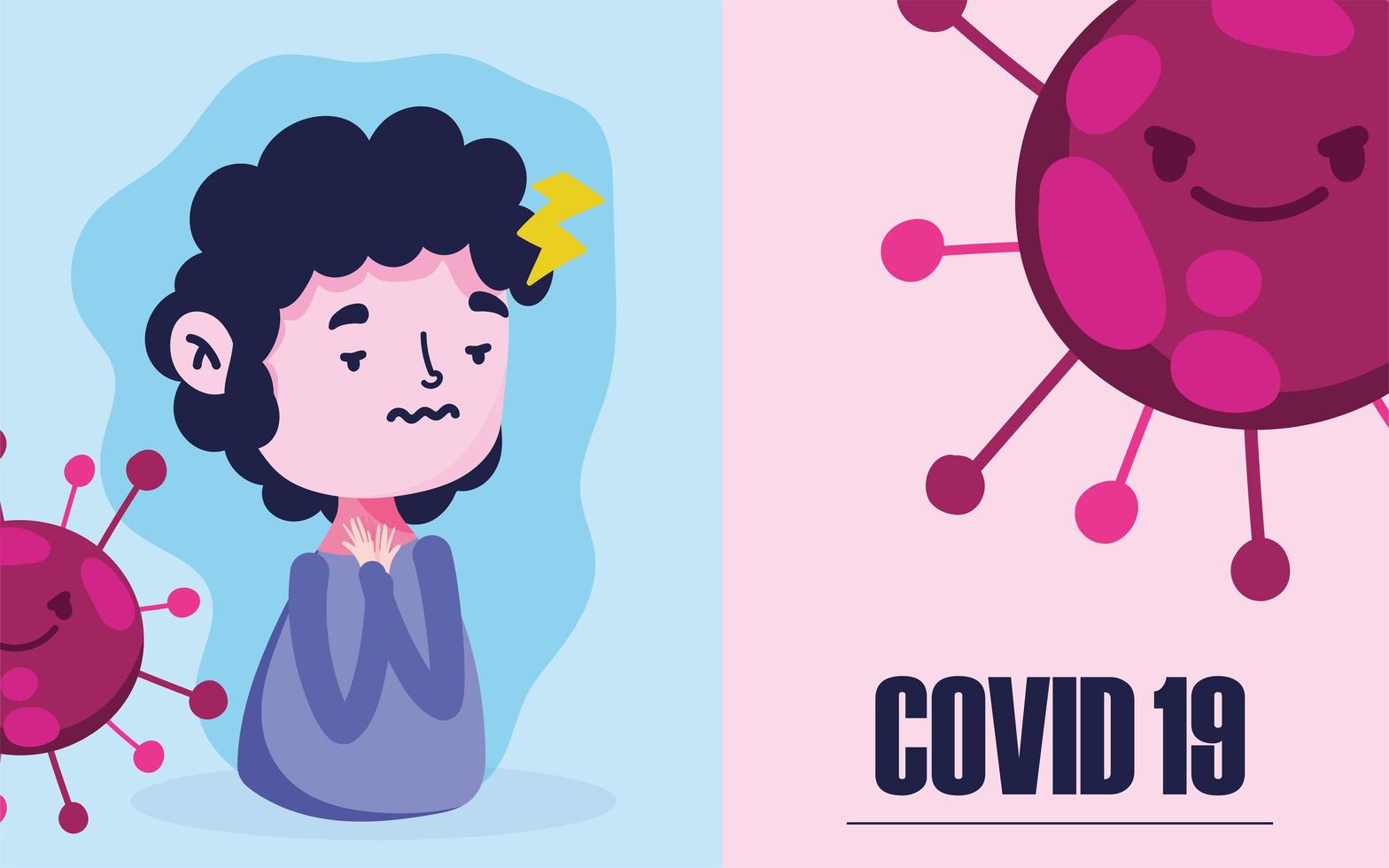 pandémie de covid 19 avec un garçon souffrant de fièvre et de maux de tête vecteur