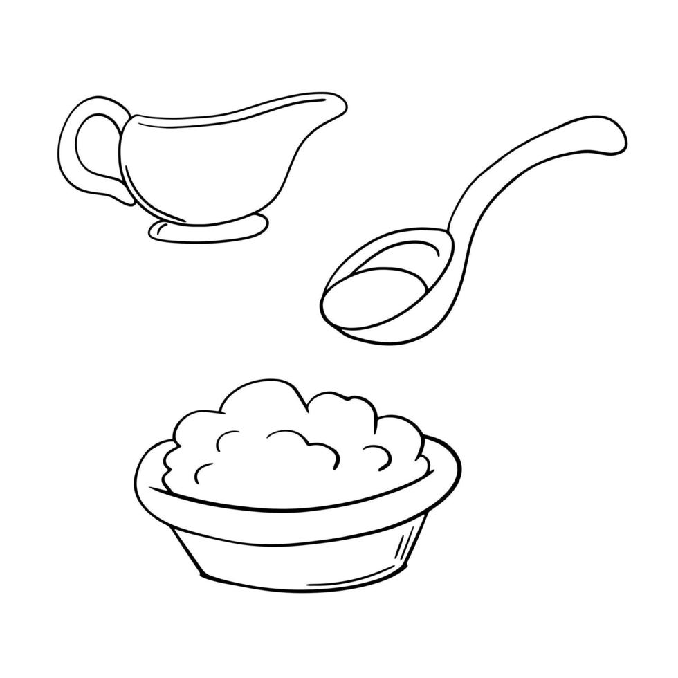 ensemble d'icônes monochromes, assiette en céramique avec fromage cottage, cuillère à crème sure, illustration vectorielle en style dessin animé sur fond blanc vecteur