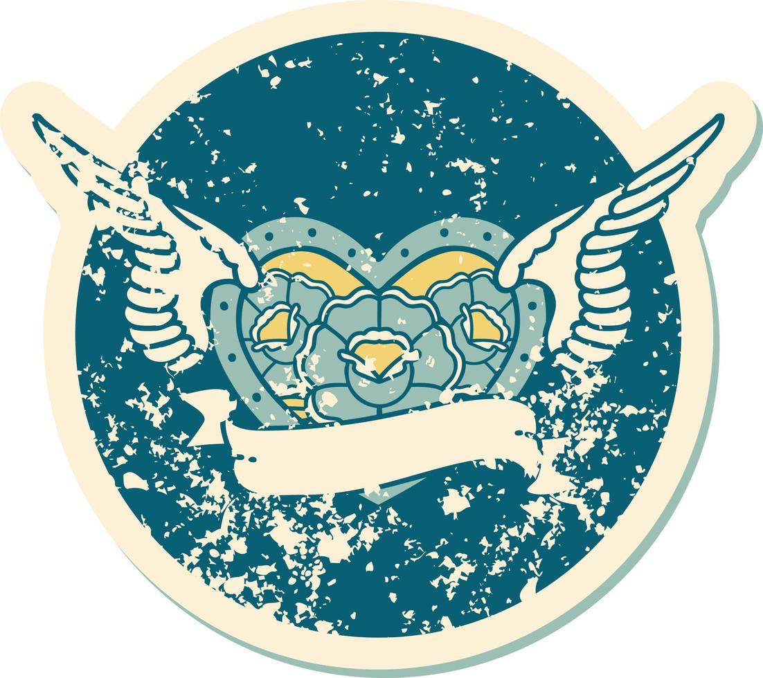 image emblématique de style tatouage autocollant en détresse d'un coeur volant avec des fleurs et une bannière vecteur