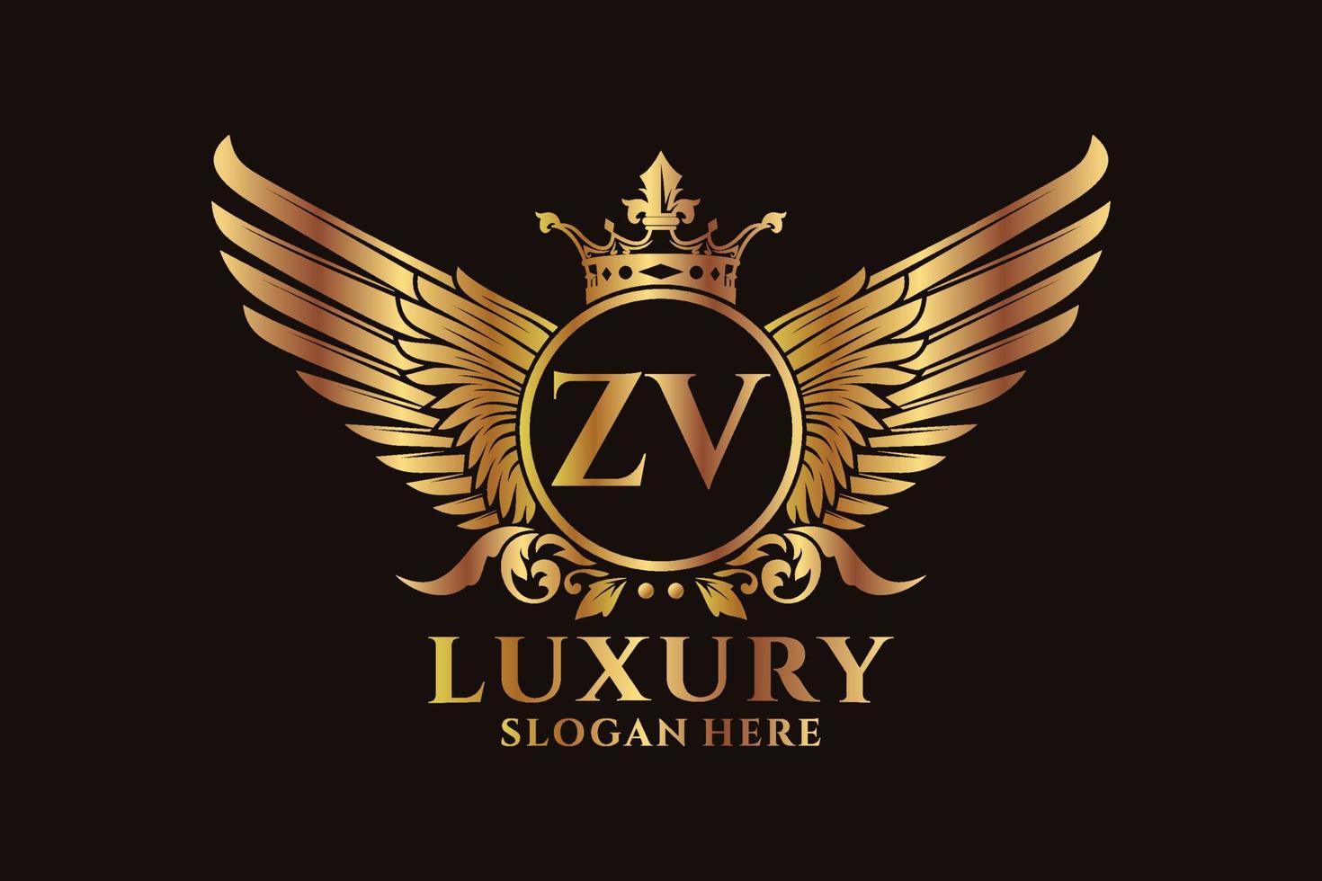 lettre d'aile royale de luxe zv crête vecteur de logo couleur or, logo de victoire, logo de crête, logo d'aile, modèle de logo vectoriel.