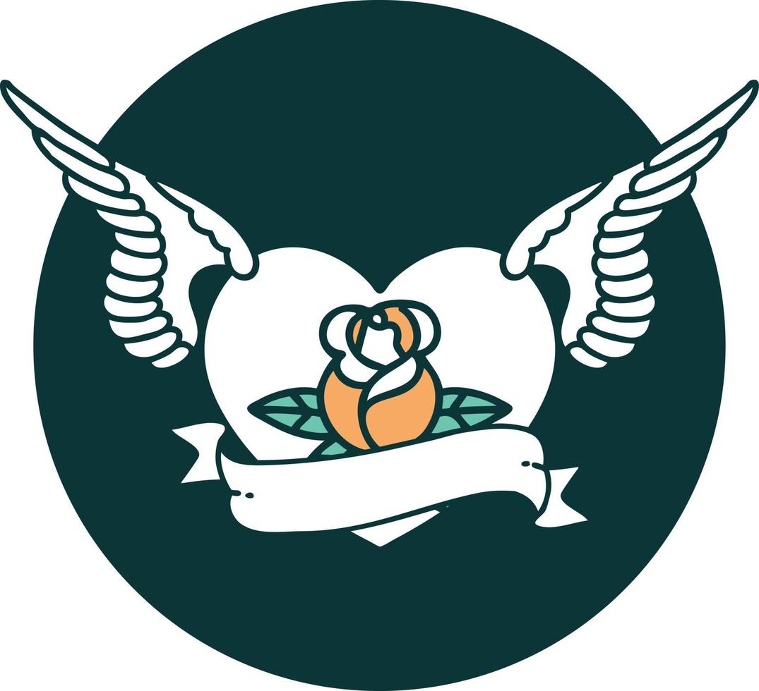icône de style tatouage d'un coeur volant avec des fleurs et une bannière vecteur