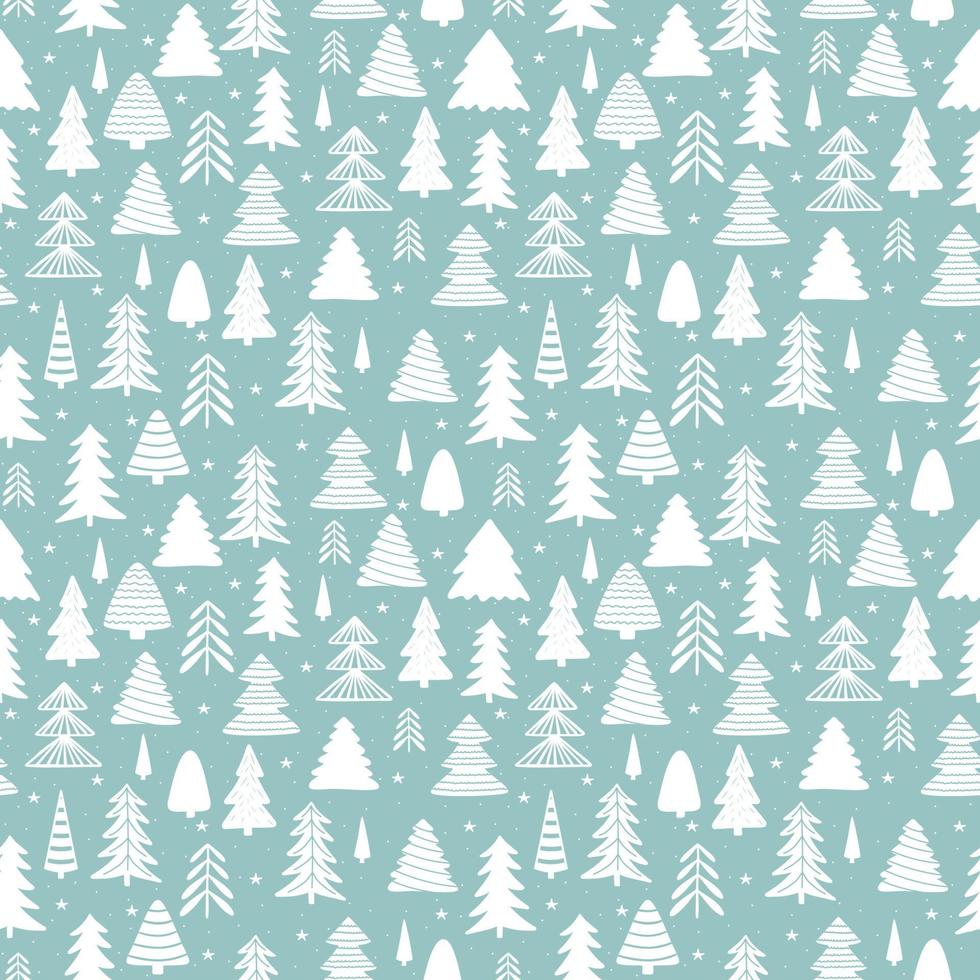 forêt d'hiver scandinave modèle sans couture dessiné à la main. nouvel an, noël, vacances texture blanche avec sapin et étoiles. vecteur