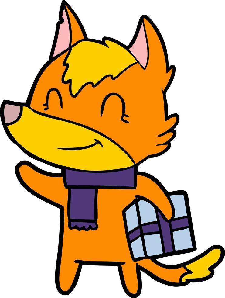 personnage de dessin animé de renard avec cadeau vecteur