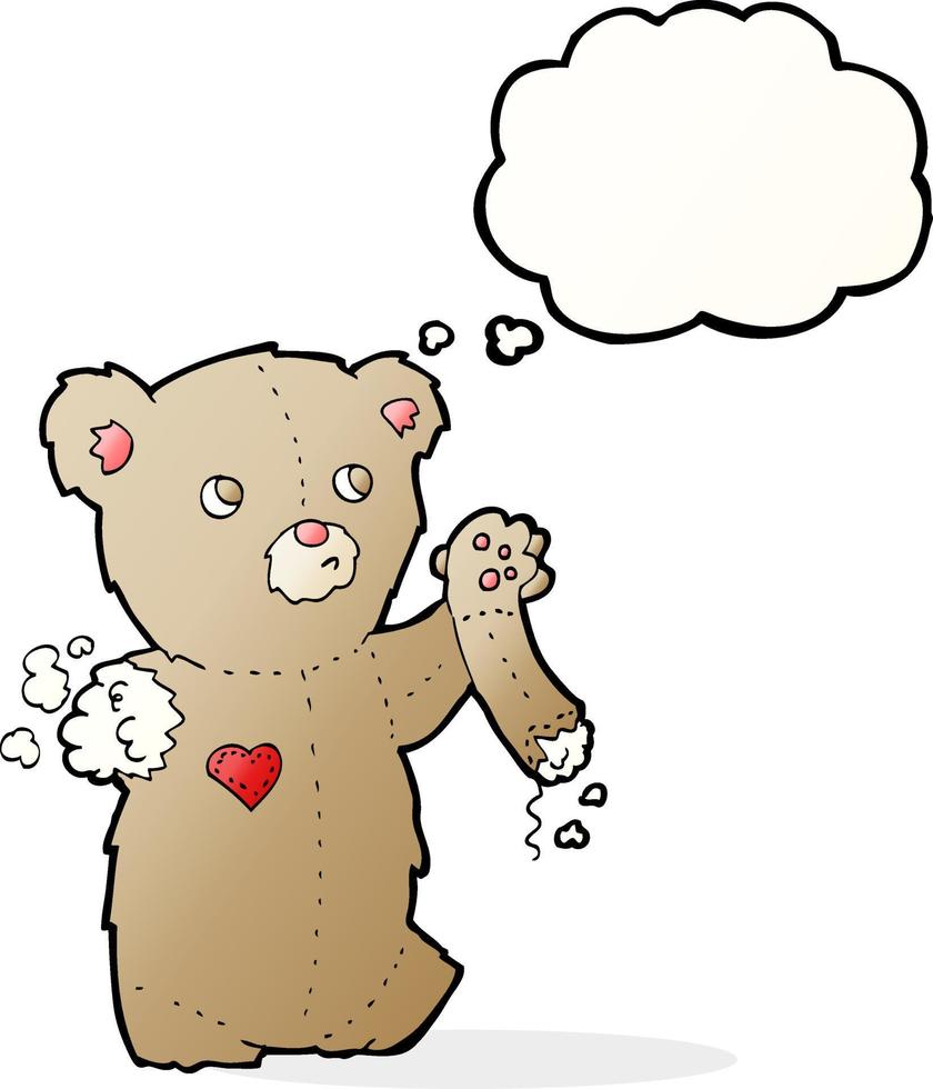 ours en peluche dessin animé avec bras déchiré avec bulle de pensée vecteur