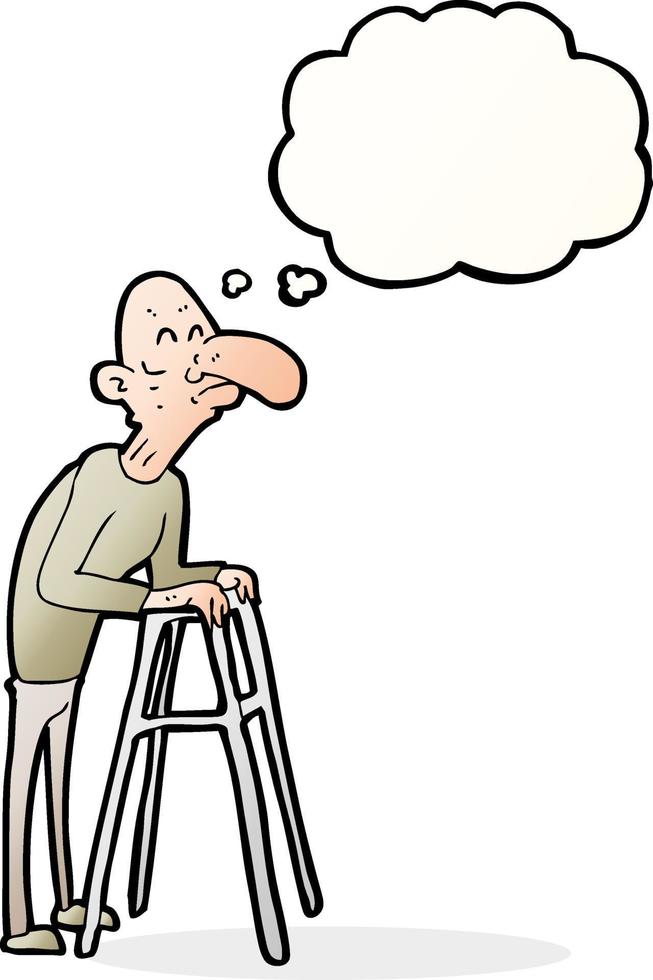 dessin animé vieil homme avec déambulateur avec bulle de pensée vecteur