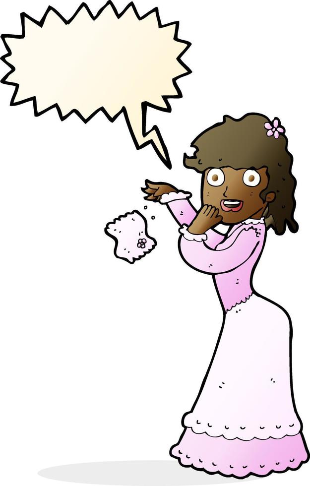 dessin animé femme victorienne laissant tomber un mouchoir avec bulle de dialogue vecteur