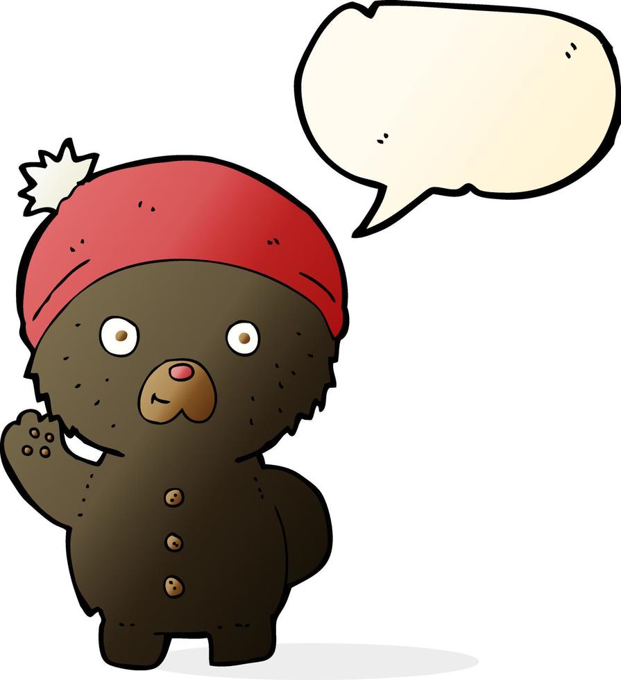 dessin animé agitant un ours en peluche noir en chapeau d'hiver avec bulle de dialogue vecteur