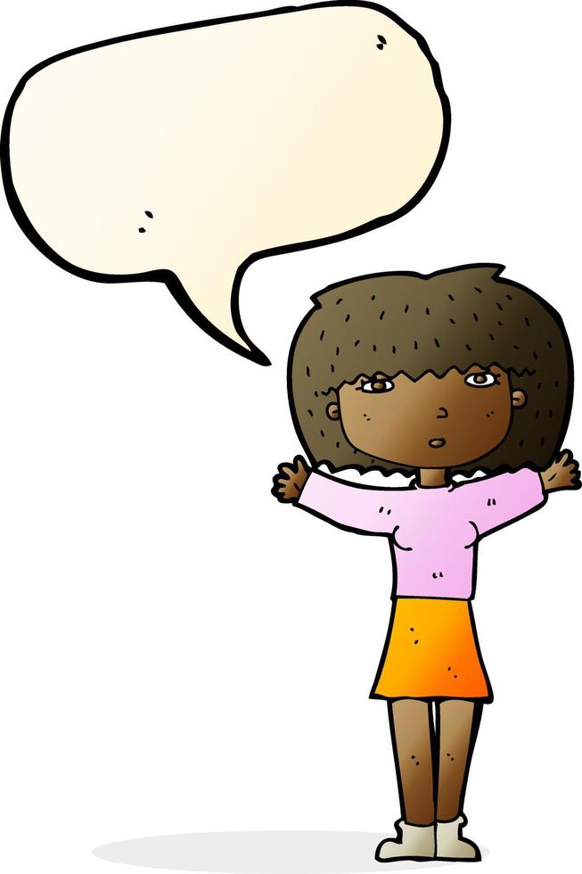 dessin animé femme levant les bras dans l'air avec bulle de dialogue vecteur