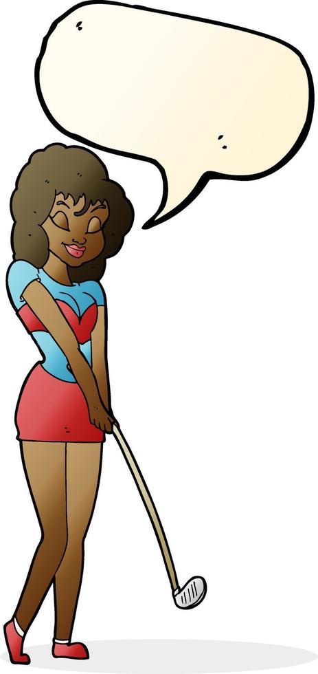 dessin animé femme jouant au golf avec bulle de dialogue vecteur