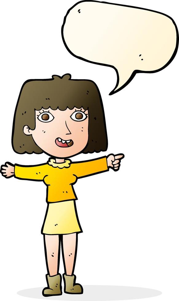 dessin animé femme heureuse pointant avec bulle de dialogue vecteur