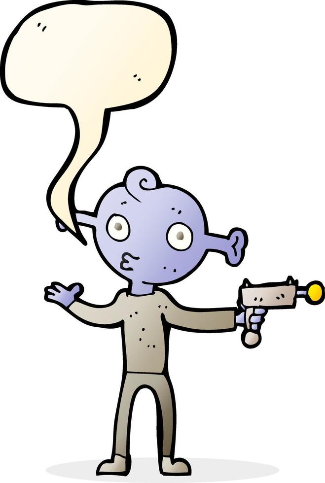 extraterrestre de dessin animé avec pistolet à rayons avec bulle de dialogue vecteur