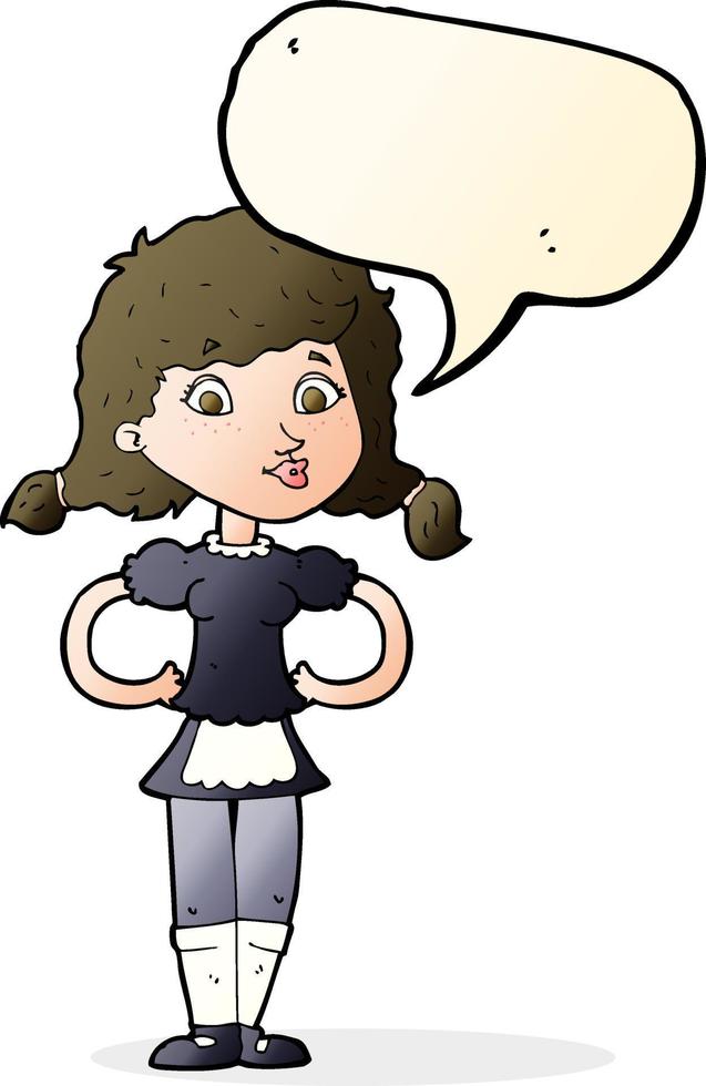 dessin animé femme heureuse serveuse avec bulle de dialogue vecteur
