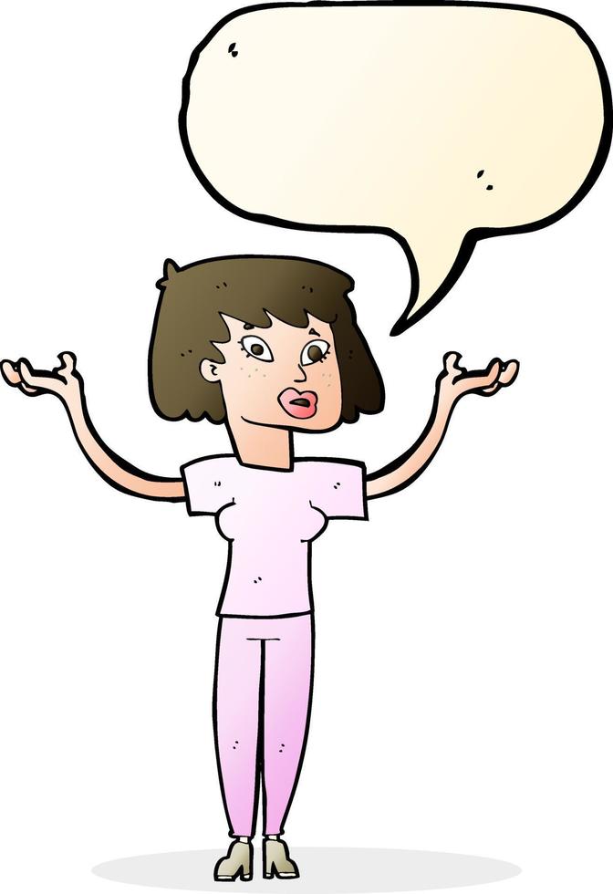 dessin animé femme levant les mains avec bulle de dialogue vecteur