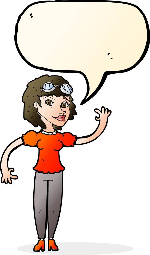 femme pilote de dessin animé agitant avec bulle de dialogue vecteur