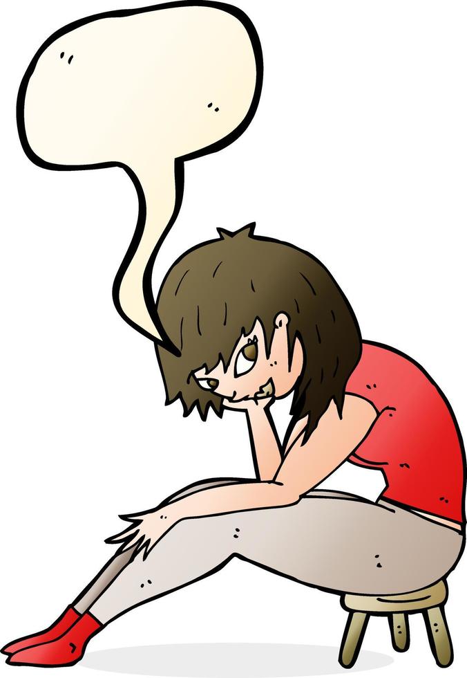 dessin animé femme assise sur un petit tabouret avec bulle de dialogue vecteur