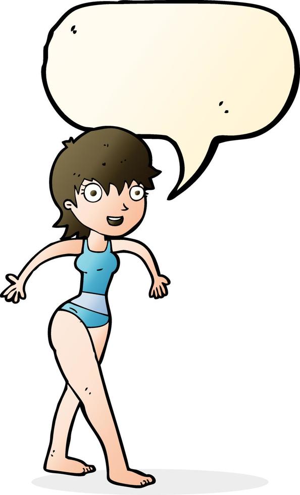dessin animé femme heureuse en maillot de bain avec bulle de dialogue vecteur