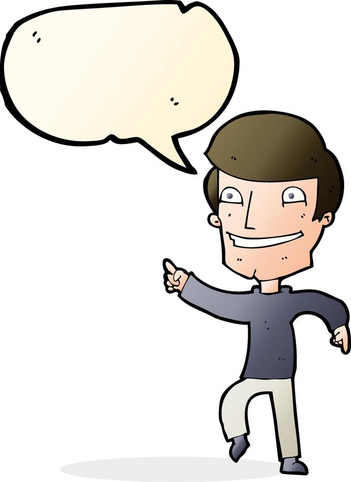 dessin animé heureux homme pointant avec bulle de dialogue vecteur