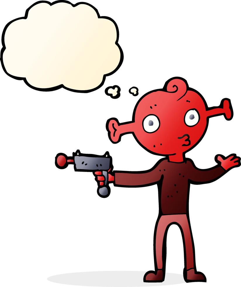 extraterrestre de dessin animé avec pistolet à rayons avec bulle de pensée vecteur