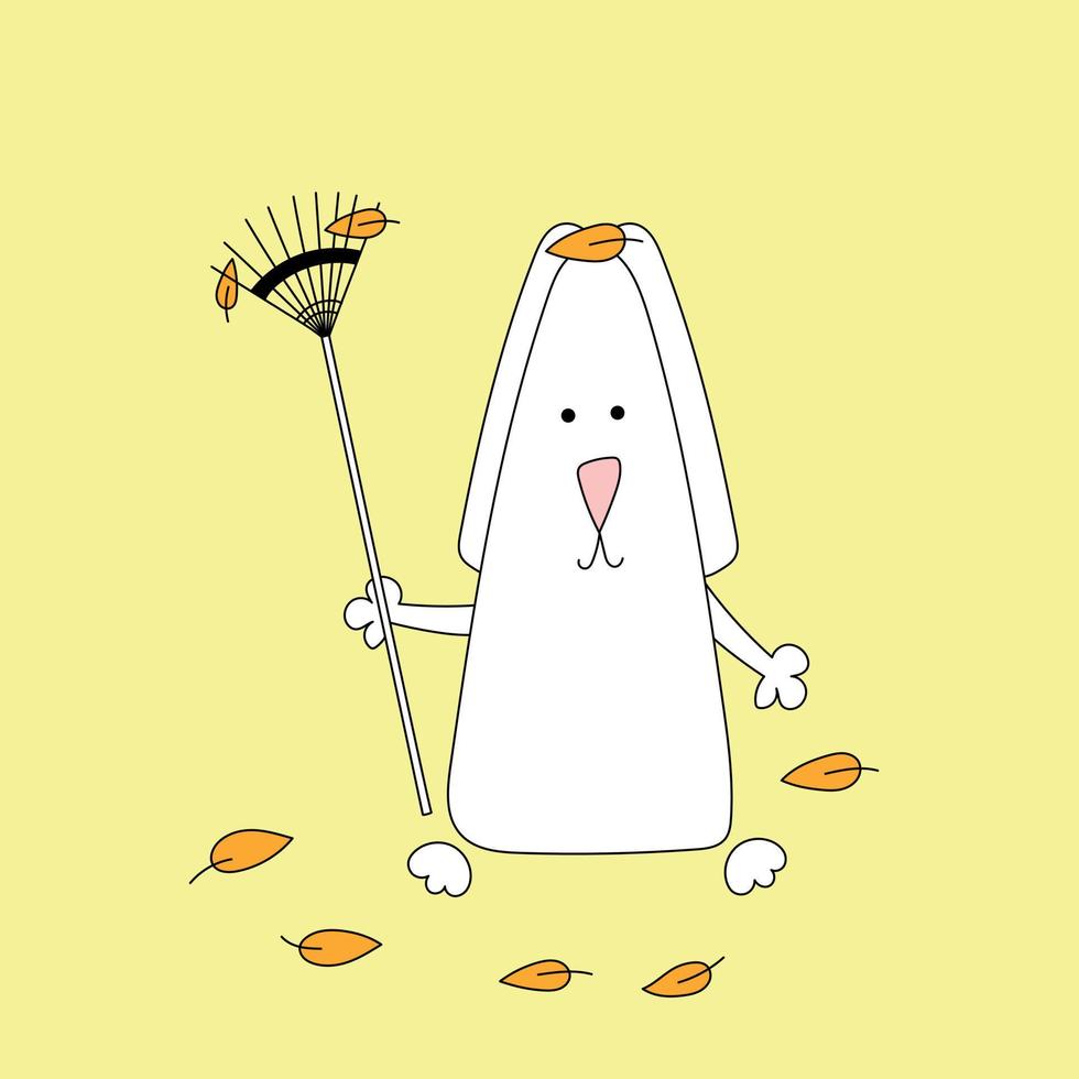 symbole de lapin de 2023. lapin avec râteau et feuilles d'automne. modèle de calendrier. illustration vectorielle, doodle dessiné à la main. vecteur