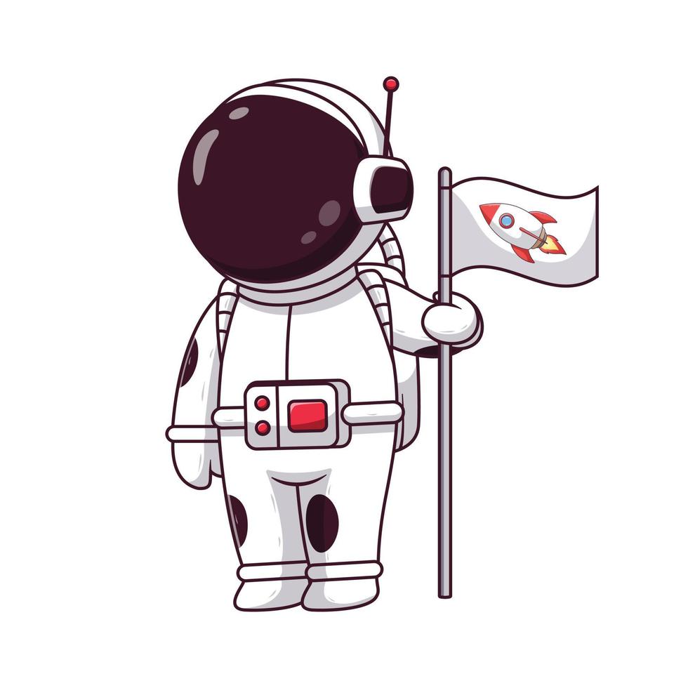 astronaute mignon tenant un drapeau de fusée. concept d'icône d'astronaute. style de dessin animé plat. adapté à la page de destination Web, à la bannière, au dépliant, à l'autocollant, à la carte vecteur