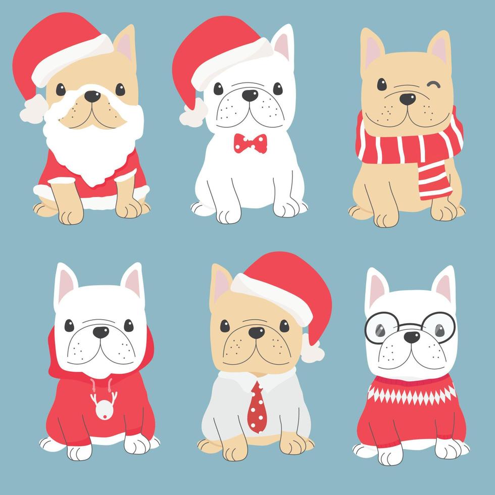 Chiot bouledogue français mignon dans la collection de costumes de noël illustration de vecteurs eps10 vecteur