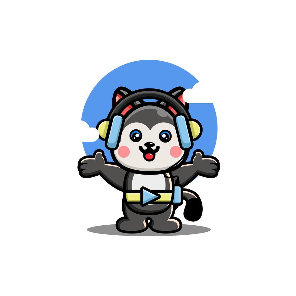 mignon husky écoutant de la musique avec un personnage de dessin animé de casque vecteur