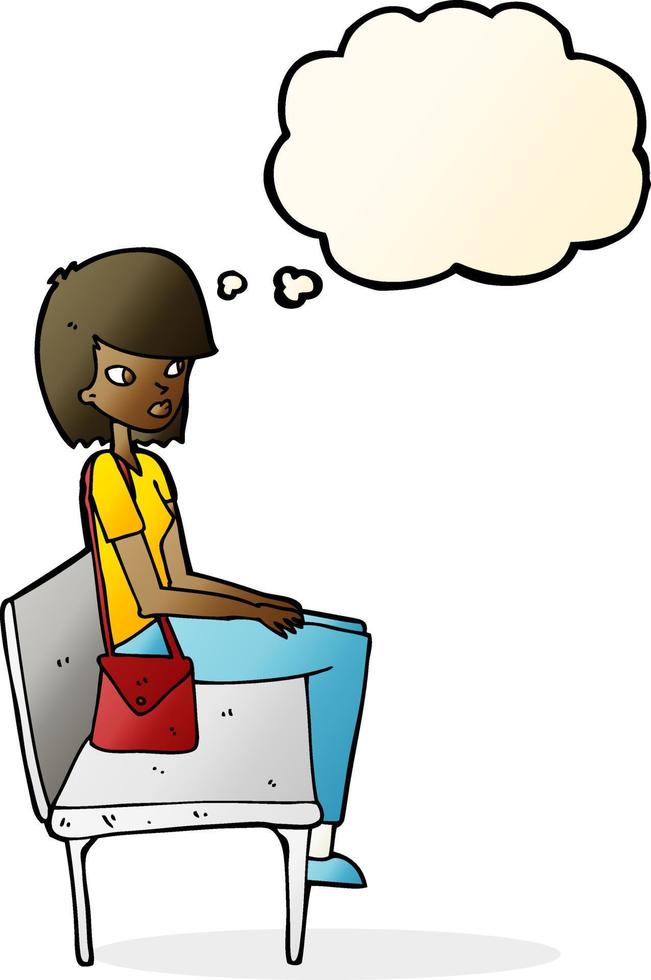 dessin animé femme assise sur un banc avec bulle de pensée vecteur