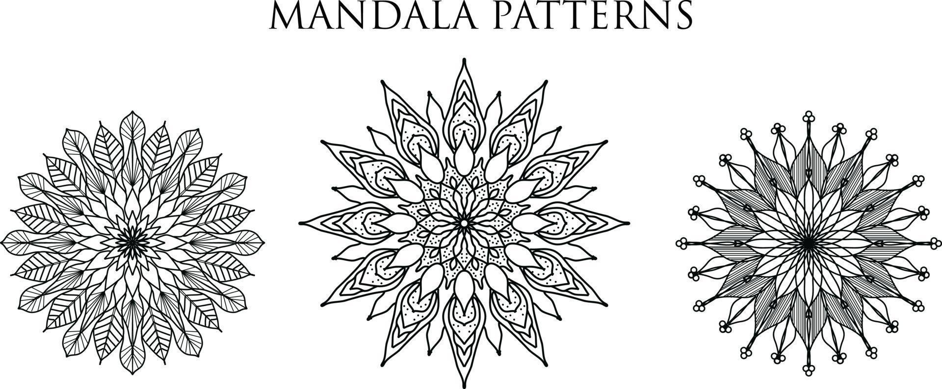 fond de conception de mandala ornemental de luxe, conception de mandala, conception de fond d'écran d'art de livre de coloriage de modèle de mandala, modèle de tuile, carte de voeux, conception de mandala d'ensemble, noir, conception de mandala vecteur