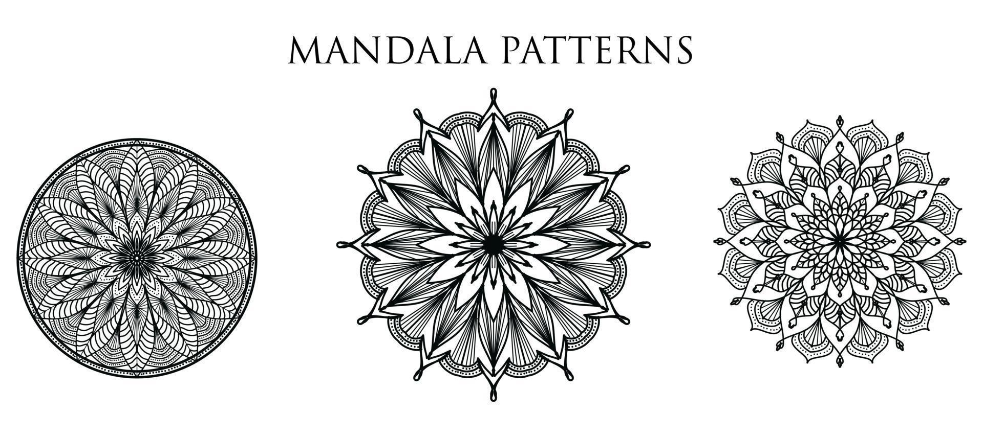 fond de conception de mandala ornemental de luxe, conception de mandala, conception de fond d'écran d'art de livre de coloriage de modèle de mandala, modèle de tuile, carte de voeux, conception de mandala d'ensemble, noir, conception de mandala vecteur