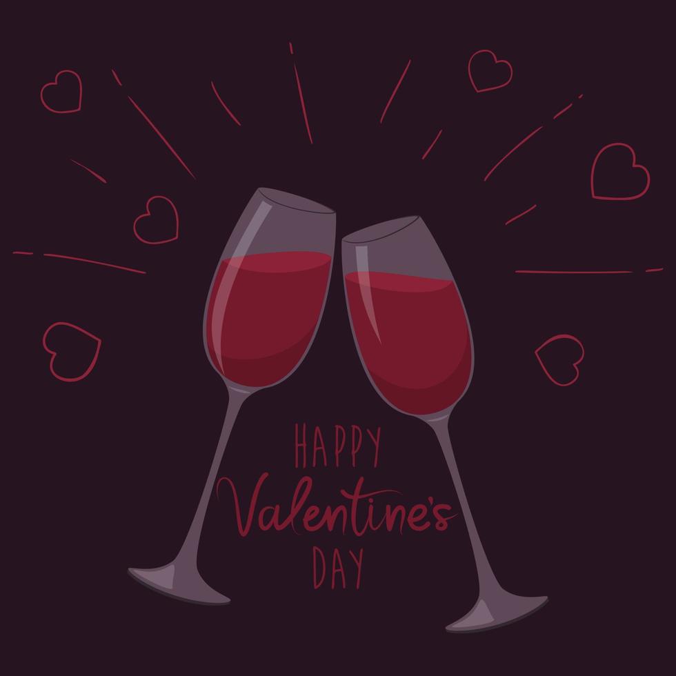 carte de vacances joyeuse saint valentin. trinquer au vin rouge, fête festive. deux verres à vin avec du vin rouge. éléments pour la fête du 14 février, coeur, verre à vin. image de dessin animé. illustration vectorielle vecteur