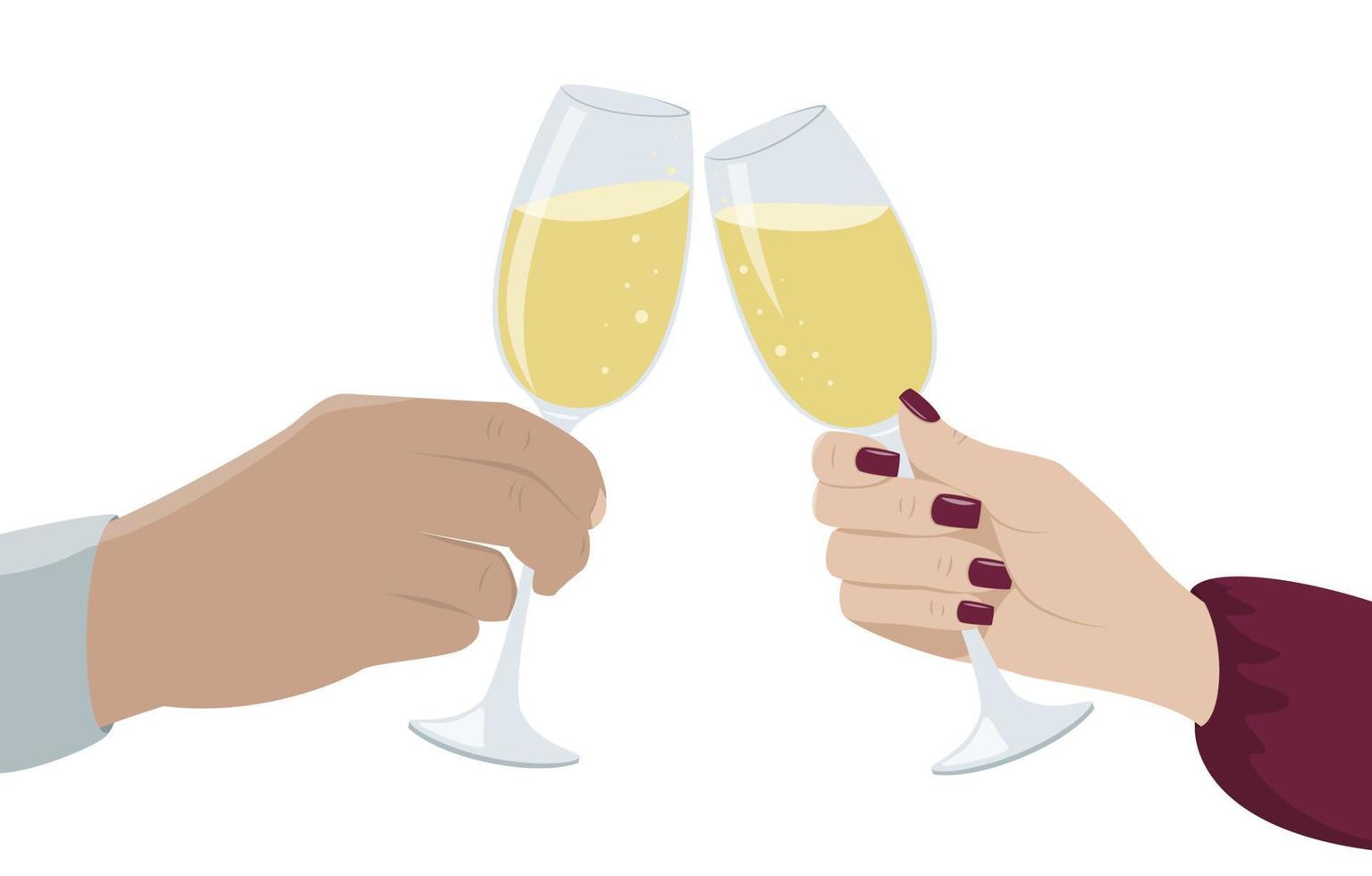 trinquer au champagne, fête festive. main tient une coupe de champagne. deux verres à vin avec champagne. éléments pour la fête. image de dessin animé. illustration vectorielle. vecteur